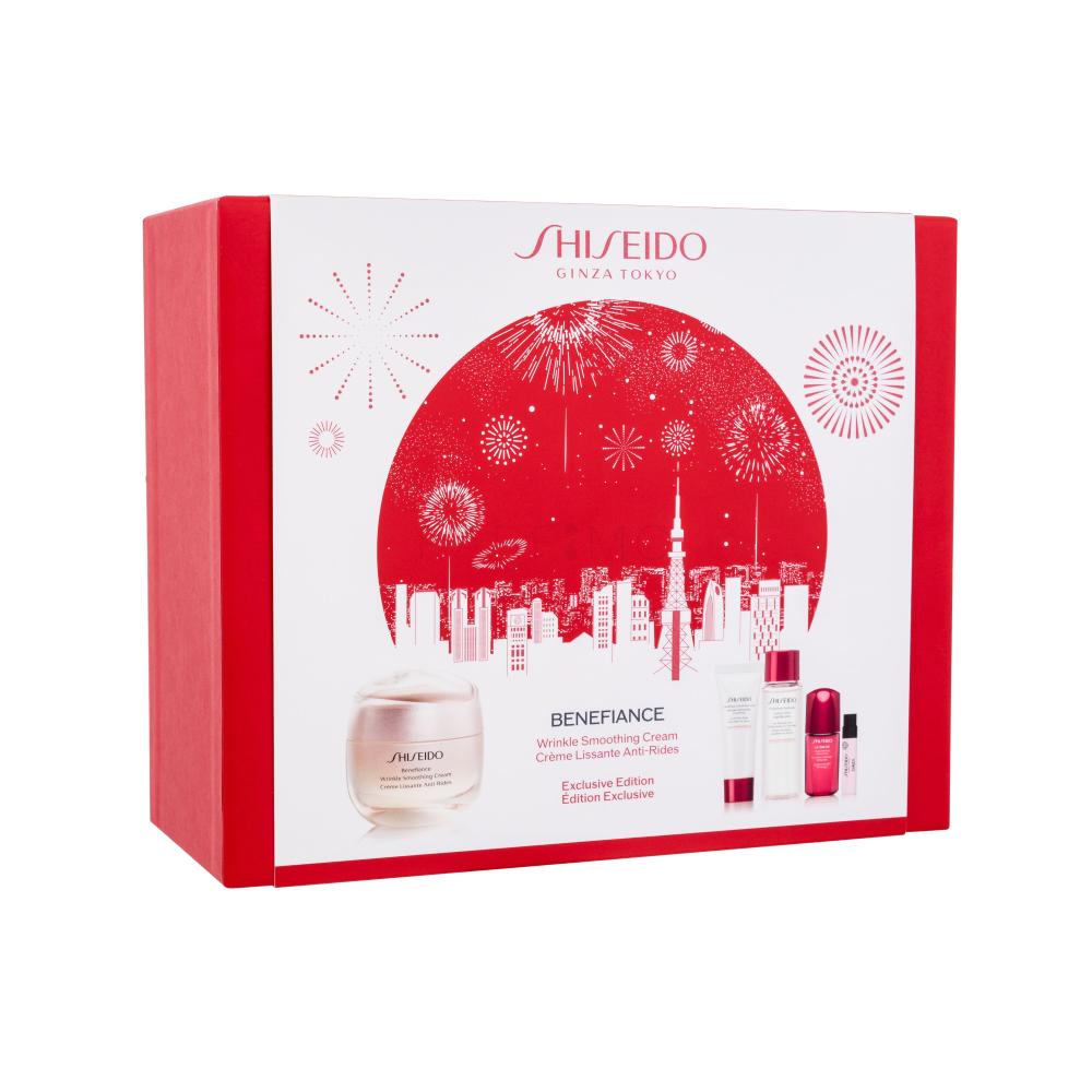 Shiseido Benefiance Wrinkle Smoothing Cream Exclusive Edition Darilni set dnevna krema za obraz Benefiance Wrinkle Smoothing Cream 50 ml + čistilna pena Clarifying Cleansing Foam 15 ml + vodica za obraz Treatment Softener 30 ml + serum za obraz Ultimune Power Infusing Concentrate 10 ml + parfumska v