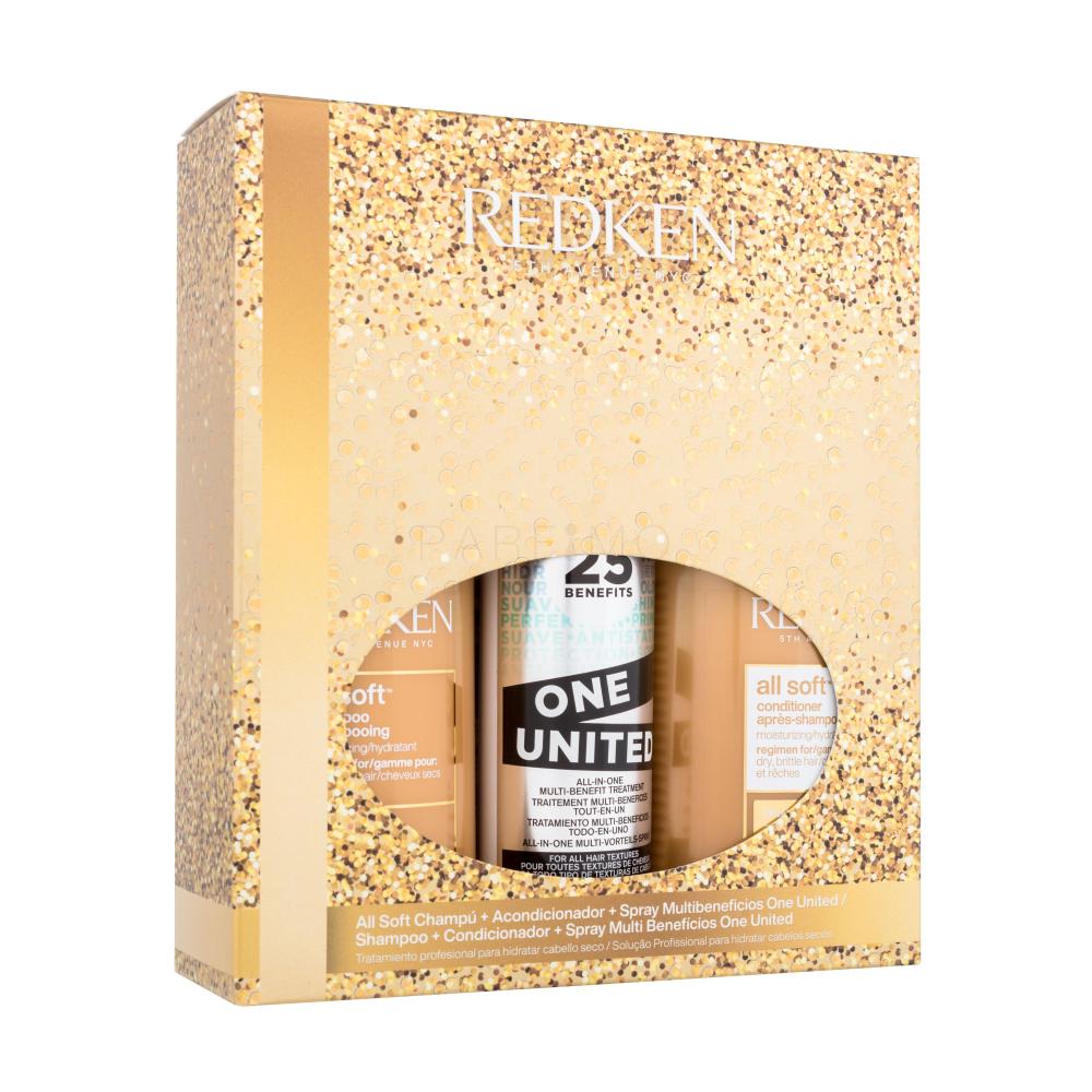 Redken All Soft Darilni set šampon All Soft 300 ml + balzam za lase All Soft 300 ml + sprej za nego las One United 150 ml