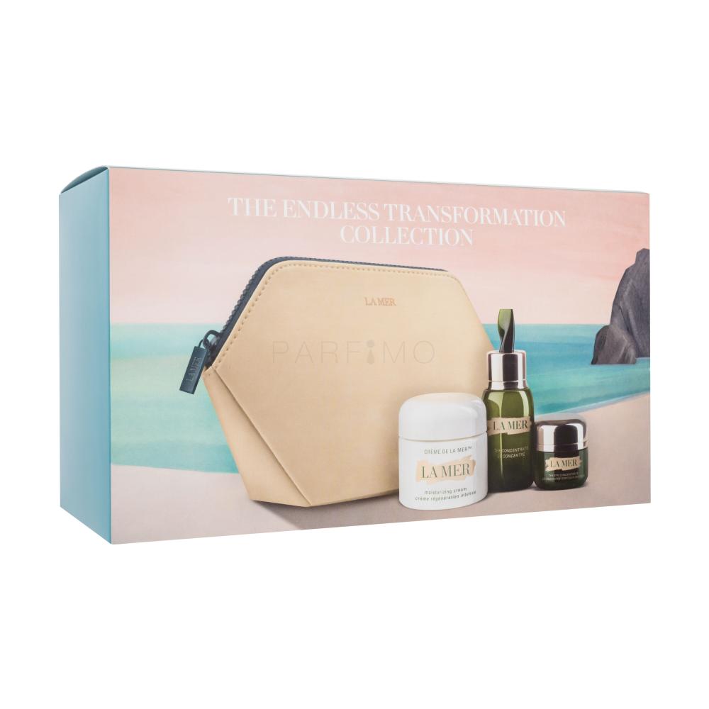 La Mer The Endless Transformation Collection Darilni set dnevna krema za obraz The Moisturizing Cream 30 ml + serum za obraz The Concentrate 15 ml + krema za predel okoli oči The Eye Concentrate 15 ml + kozmetična torbica