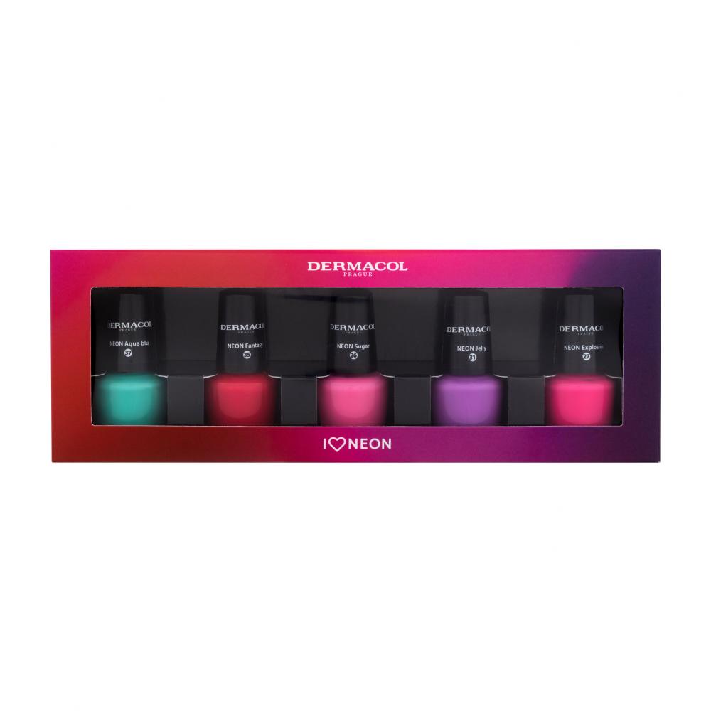 Dermacol Neon Nail Polish Set 2022 Darilni set lak za nohte 5 ml + lak za nohte 5 ml 37 Neon Aqua Blu + lak za nohte 5 ml 31 Neon Jelly + llak za nohte 5 ml 26 Neon Sugar + lak za nohte 5 ml 35 Neon Fantasy