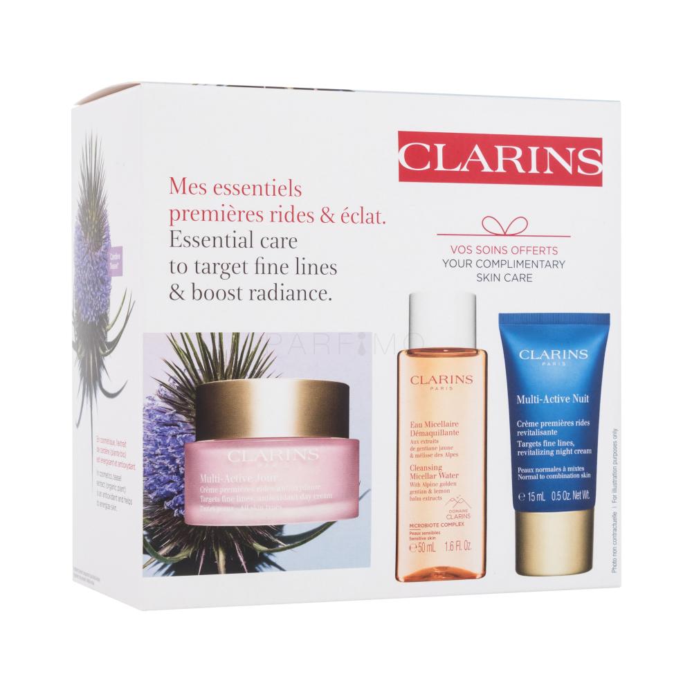 Clarins Multi-Active Darilni set dnevna krema za obraz Multi-Active Day 50 ml + nočna krema za obraz Multi-Active Night 15 ml + micelarna vodica Cleansing Micellar Water 50 ml poškodovana škatla