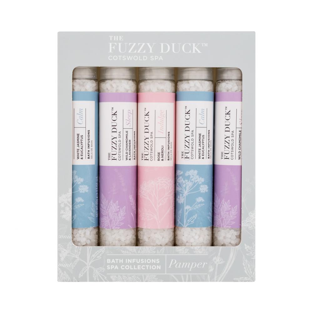 Baylis & Harding The Fuzzy Duck Cotswold Spa Darilni set kopalna sol The Fuzzy Duck Cotswold Spa Calm 2 x 65 g + kopalna sol The Fuzzy Duck Cotswold Spa Sleep 2 x 65 g + kopalna sol The Fuzzy Duck Cotswold Spa Indulge 65 g