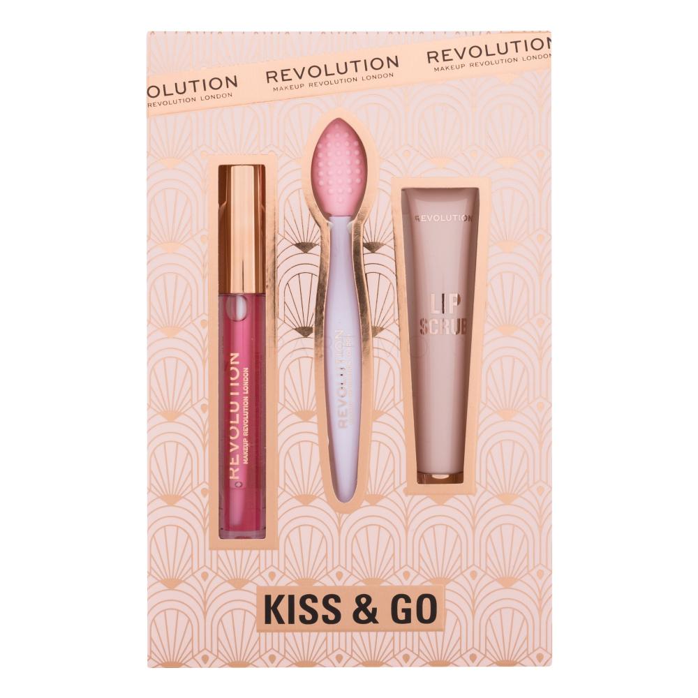 Makeup Revolution London Kiss & Go Darilni set olje za ustnice Lip Oil 2,5 ml + piling za ustnice Lip Scrub 8 ml + čopič za piling ustnic 1 kos