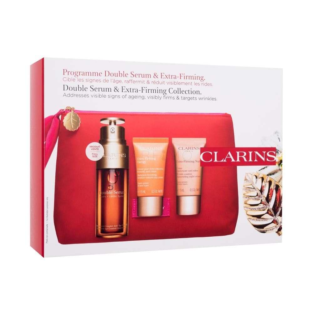 Clarins Double Serum & Extra-Firming Collection Darilni set serum za obraz Double Serum 50 ml + dnevna krema za obraz Extra-Firming Energy 15 ml + nočna krema za obraz Extra-Firming Night 15 ml + kozmetična torbica