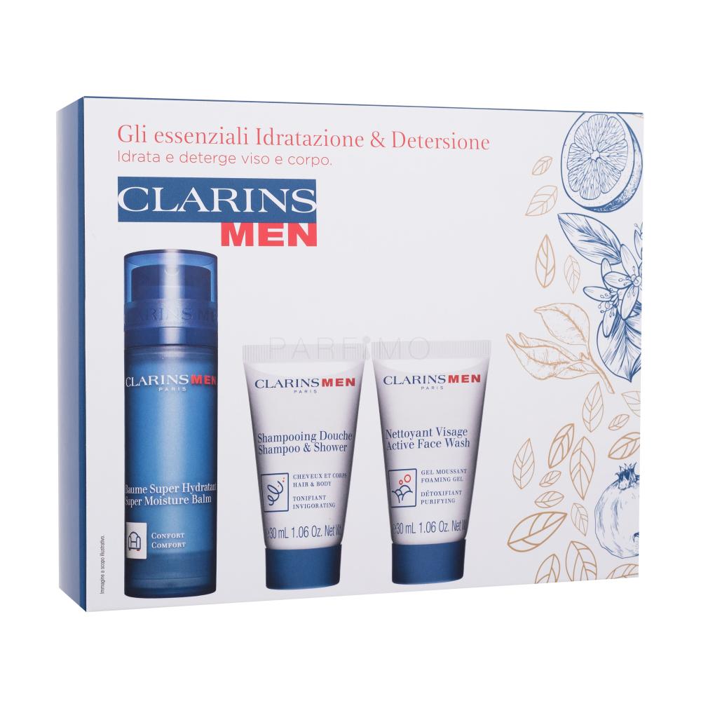 Clarins Men Hydration Essentials Darilni set balzam za obraz Men Super Moisture Balm 50 ml + šampon Men Shampoo & Shower 30 ml + čistilni gel Men Active Face Wash 30 ml