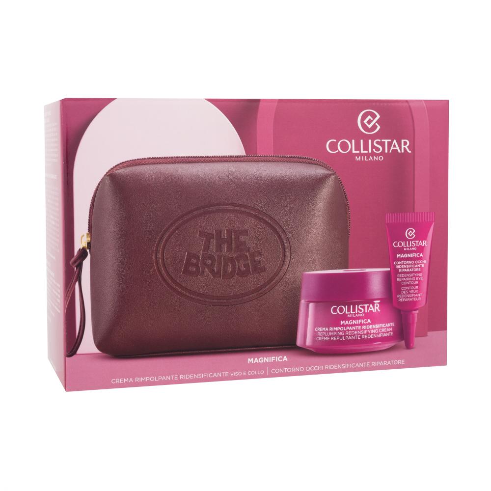 Collistar Magnifica Replumping Redensifying Cream Darilni set dnevna krema za obraz Magnifica Replumping Redensifying Cream 50 ml + krema za okoli oči Magnifica Redensifying Repairing Eye Contour 5 ml + kozmetična torbica The Bridge