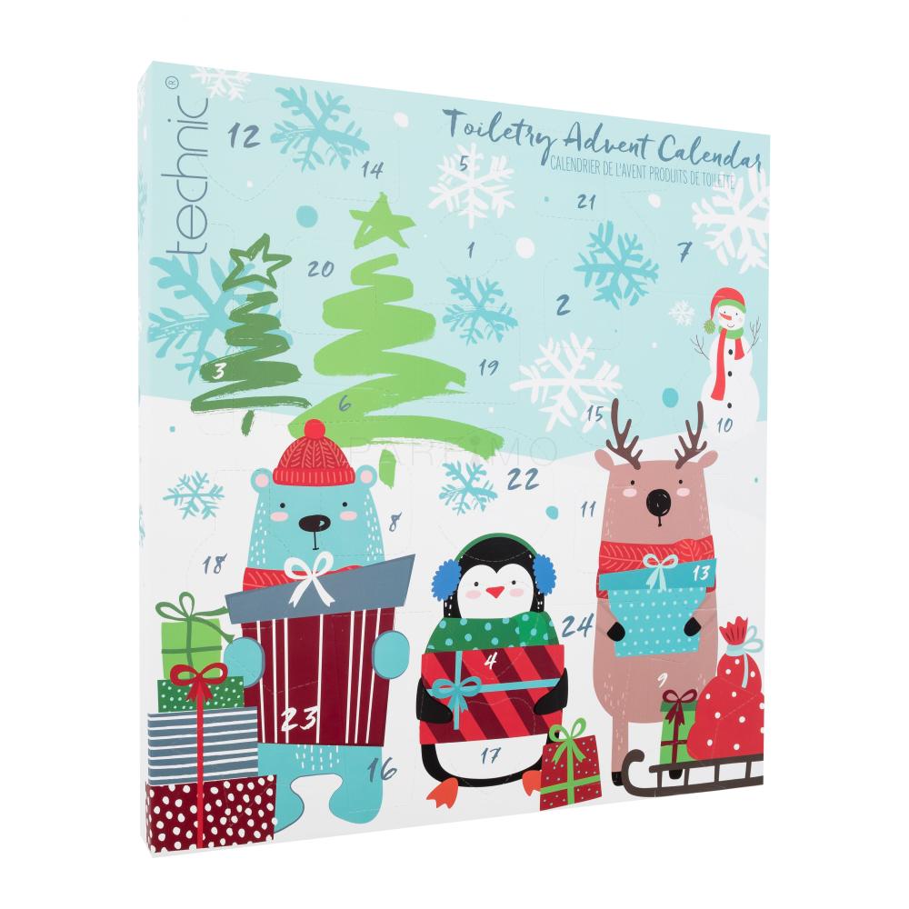 Technic Toiletry Advent Calendar Darilni set gel za prhanje 30ml + milo za roke 30ml + losjon za telo 30ml + krema za roke 30ml + kopalna pena 30ml + trdo milo 9ks + peneča kopalna bombica 5ks + kopalna sol 1ks + gobica za umivanje 1ks + pinceta 1ks + kamen za stopala 1ks + ščipalke za nohte 1ks poš
