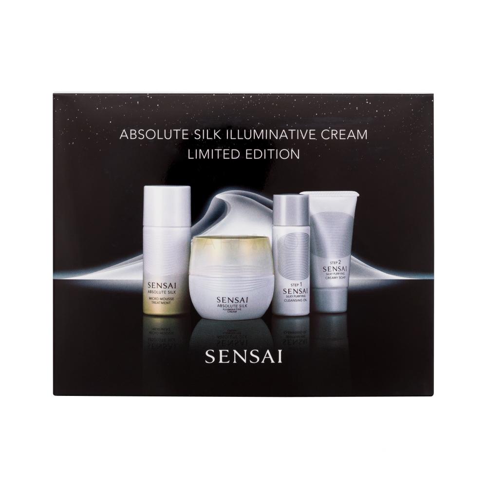 Sensai Absolute Silk Illuminative Cream Limited Edition Darilni set dnevna krema za obraz Absolute Silk Illuminative Cream 40 ml + čistilno olje Silky Purifying Cleansing Oil 30 ml + čistilno milo Silky Purifying Creamy Soap 30 ml + pena za obraz Absolute Silk Micro Mousse Treatment 30 ml