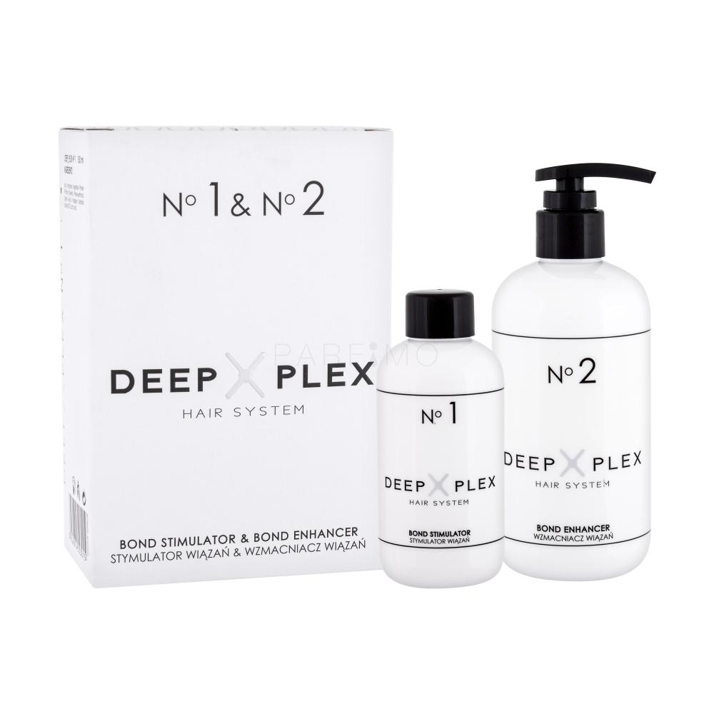 Stapiz Deep_Plex No. 1 & No. 2 Darilni set stimulator Deep Plex Bond Stimulator No. 1 150 ml + sredstvo za krepitev las Deep Plex Bond Enhancer No. 2 290 ml poškodovana škatla