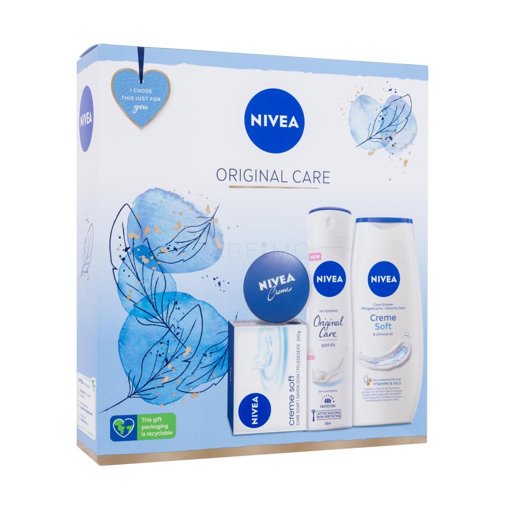 Nivea Original Care Darilni set gel za prhanje Creme Soft 250 ml + antiperspirant Original Care 150 ml + trdo milo Creme Soft 100 g + univerzalna krema Creme 30 ml poškodovana škatla