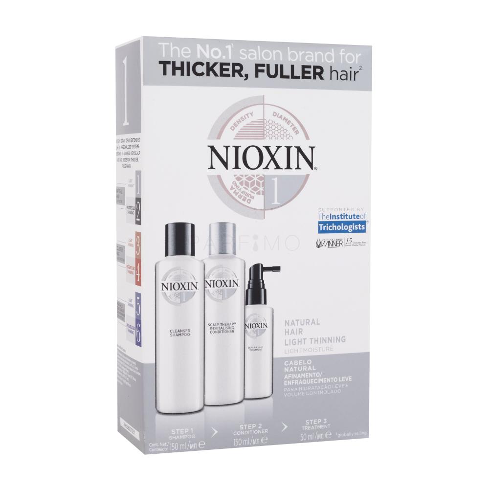 Nioxin System 1 Darilni set šampon System 1 Cleanser Shampoo 150 ml + balzam System 1 Revitalising Conditioner 150 ml + nega za lase System 1 Scalp & Hair Treatment 50 ml