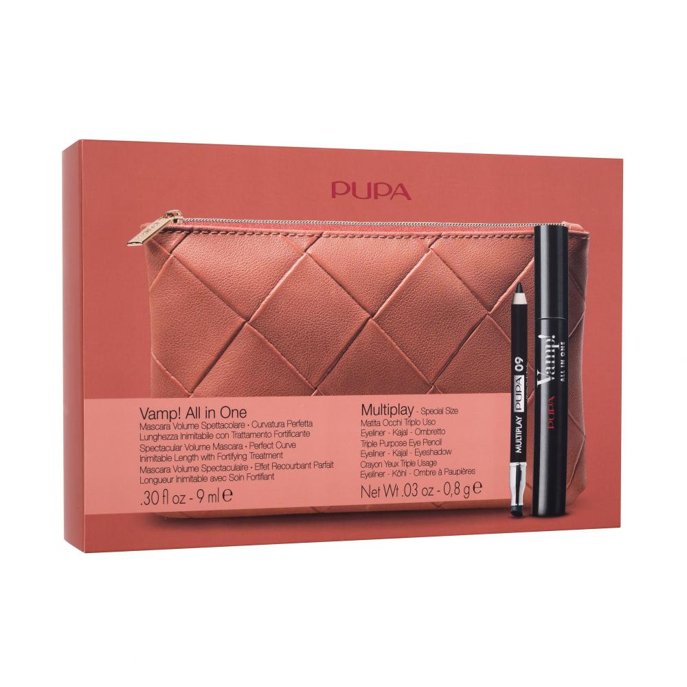 Pupa Vamp! All In One Set Darilni set maskara Vamp! All In One 9 ml + svinčnik za oči Multiplay 0,8 g 09 Deep Black + kozmetična torbica