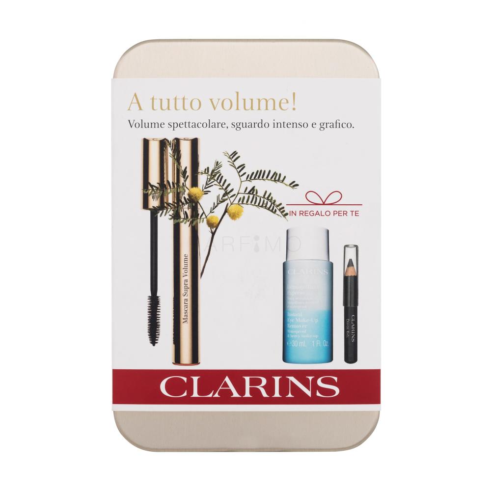 Clarins Mascara Supra Volume Darilni set maskara Supra Volume 8 ml + odstranjevalec ličil Instant Eye Make-Up Remover 30 ml + svinčnik za oči Crayon Khol 0,39 g 01 Carbon Black
