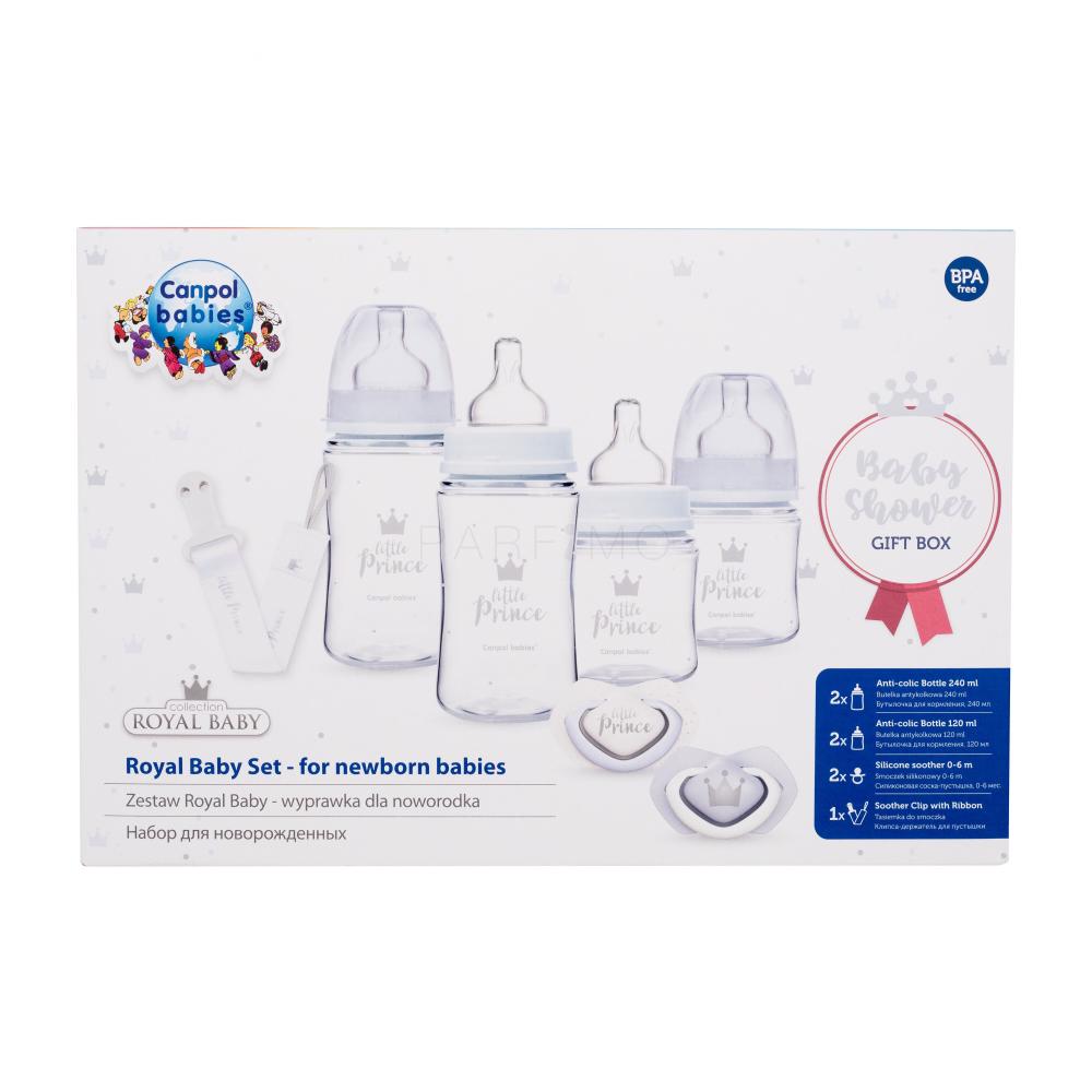 Canpol babies Royal Baby Set Little Prince Darilni set steklenička za dojenčka EasyStart Anti-Colic 2 x 240 ml + steklenička za dojenčka EasyStart Anti-Colic 2 x 120 ml + duda Light Touch Royal Baby Soother 2 x 0-6m + verižica za dudo Royal Baby Soother Clip With Ribbon 1 kos
