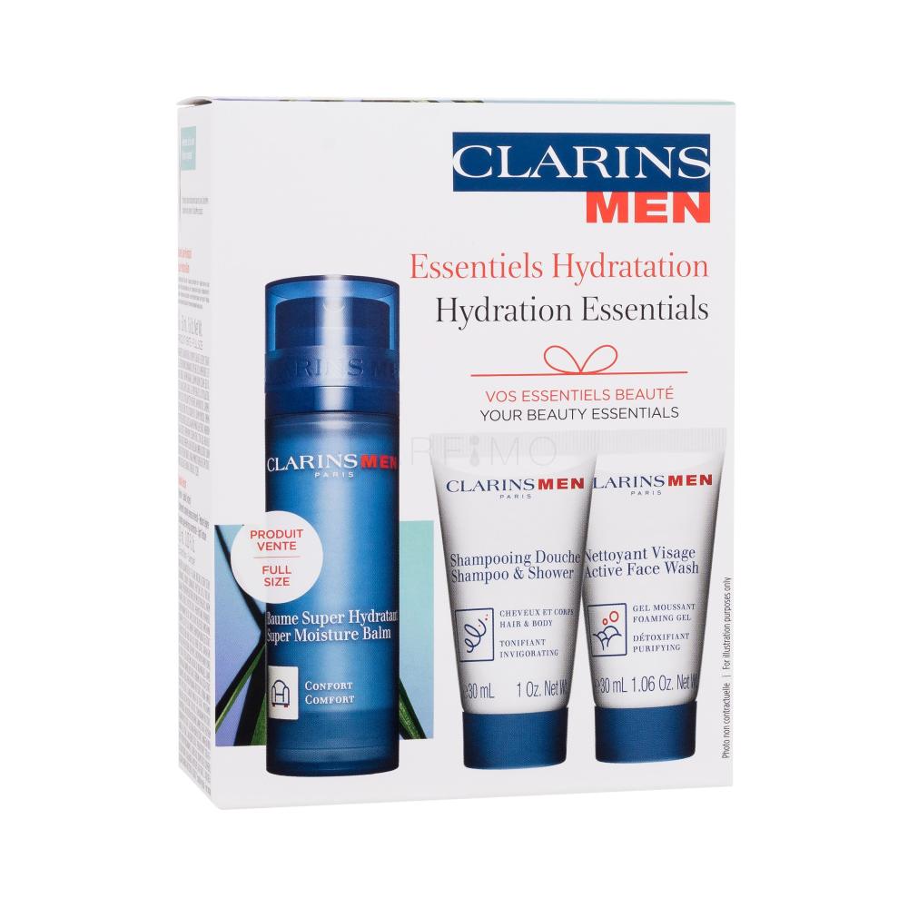 Clarins Men Hydration Essentials Darilni set balzam za obraz Men Super Moisture Balm 50 ml + šampon Men Shampoo & Shower 30 ml + čistilni gel Men Active Face Wash 30 ml + serum za okoli oči Double Serum Eye 0,9 ml