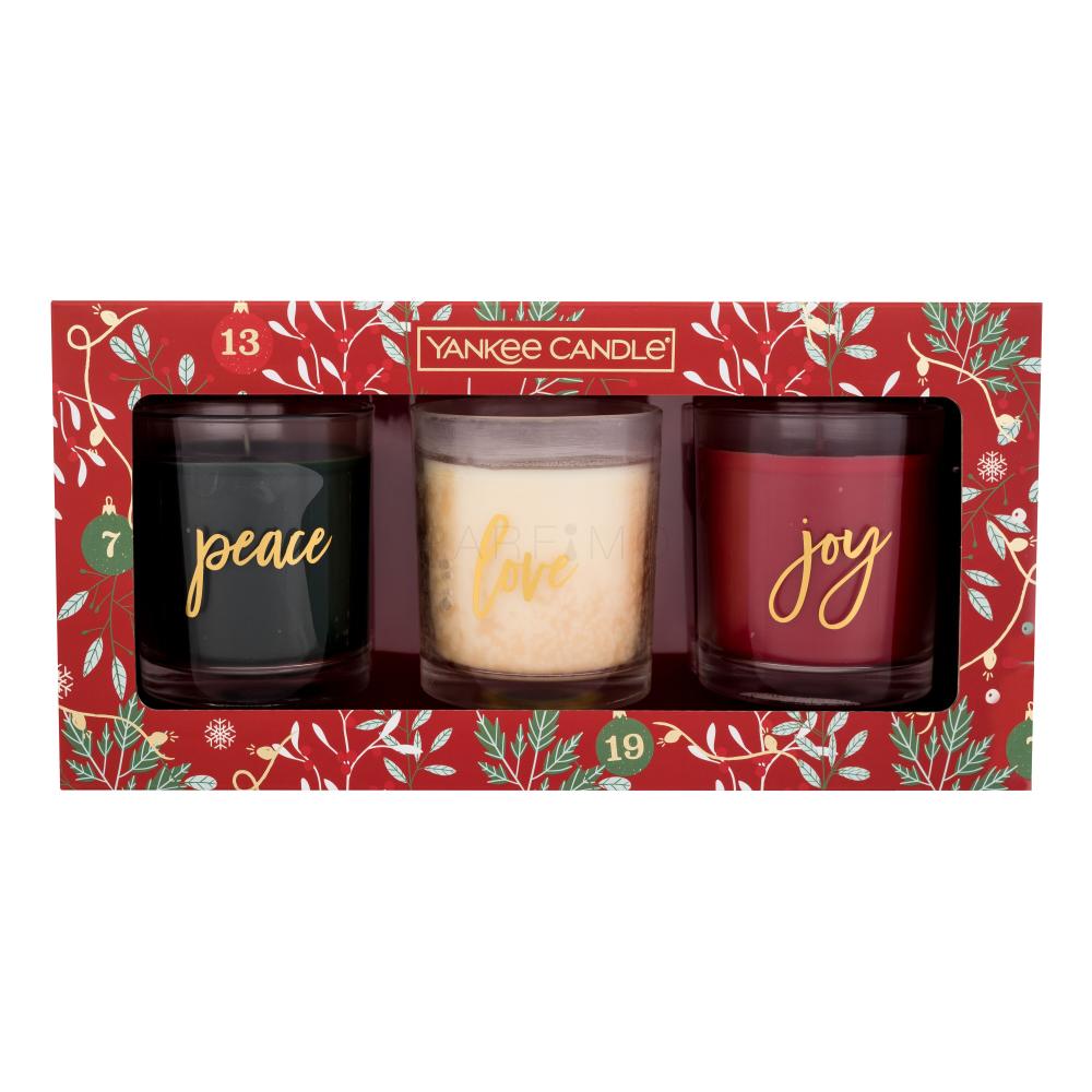Yankee Candle Countdown To Christmas Darilni set svíčka Peace 226 g + svíčka Love 226 g + svíčka Joy 226 g poškodovana škatla