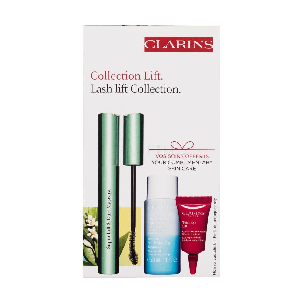 Clarins Supra Lift & Curl Darilni set maskara Supra Lift & Curl Mascara 8 ml + odstranjevalec ličil za oči Instant Eye Make-Up Remover 30 ml + krema za okoli oči Total Eye Lift 3 ml