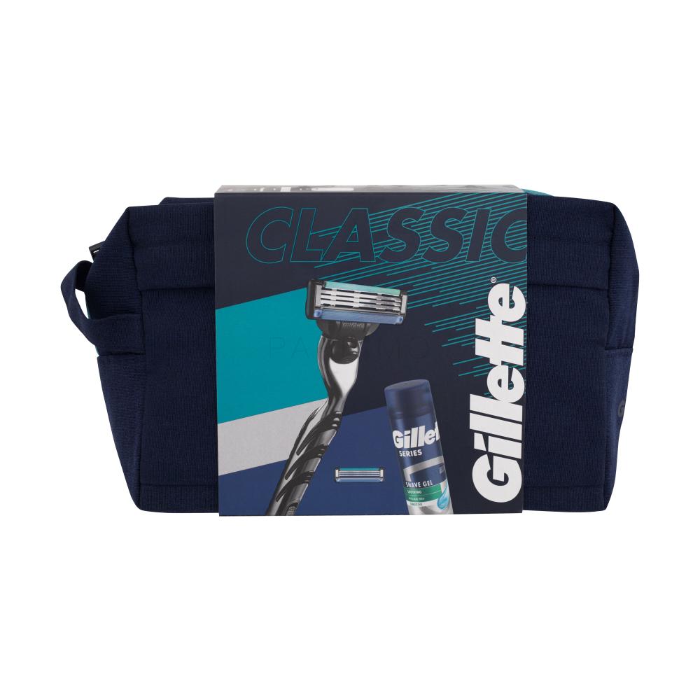 Gillette Mach3 Darilni set brivnik Mach3 1 kos + nadomestne britvice Mach3 1 kos + gel za britje Series Sensitive Shave Gel 200 ml + kozmetična torbica