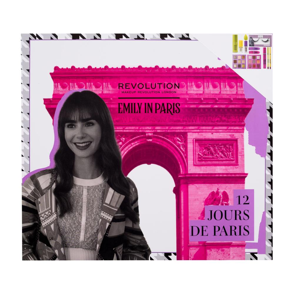 Makeup Revolution London Emily In Paris 12 Jours De Paris Advent Calendar Darilni set senčilo za oči 3 kos + maskara 1 kos + aplikator za ličenje 1 kos + fiksirni sprej 1 kos + šminka 2 kos + podlaga za ličila 1 kos + umetne trepalnice 1 par + črtalo za ustnice 2 kos