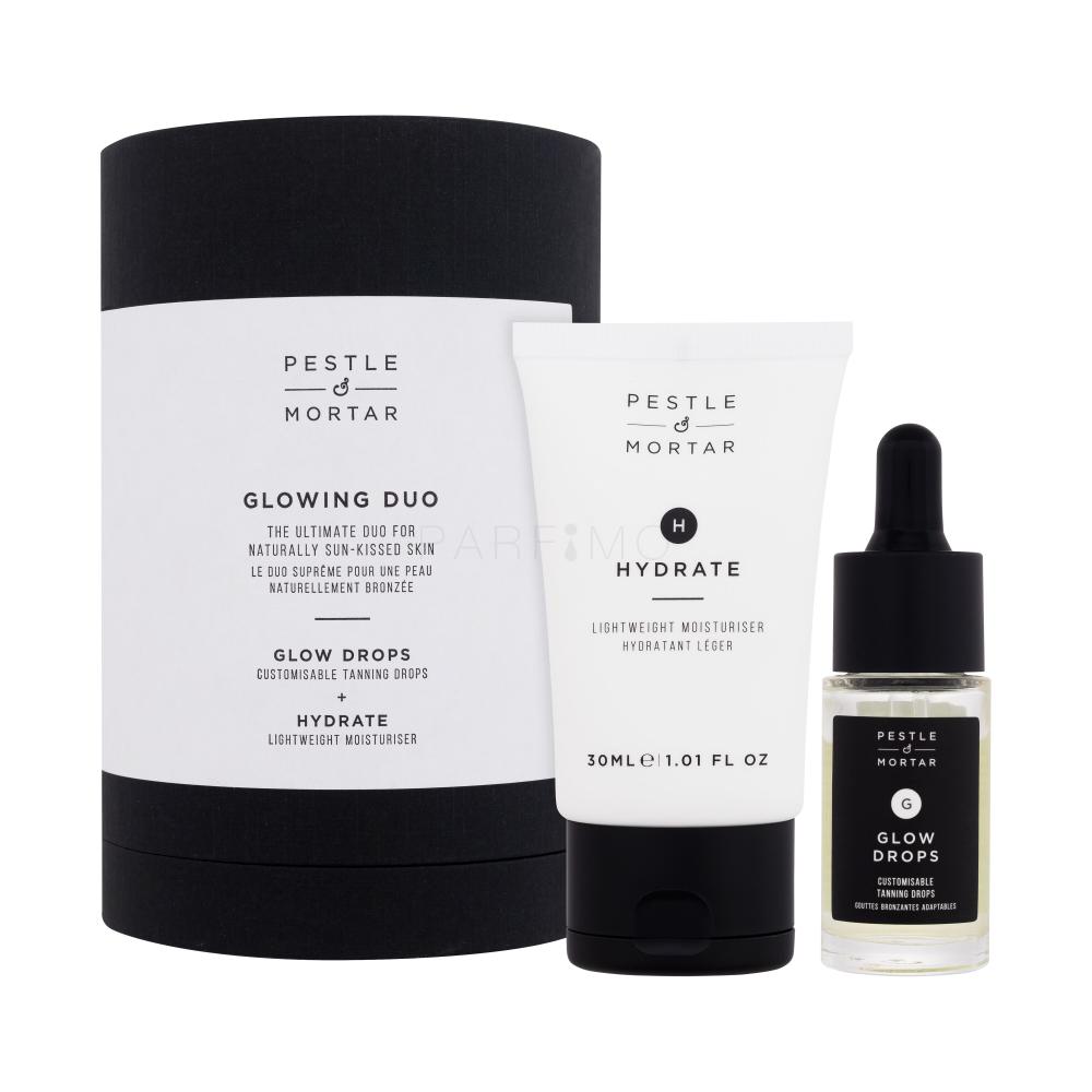 Pestle & Mortar Glowing Duo Darilni set samoporjavitveni serum za obraz Glow Drops 15 ml + vlažilna krema za obraz Hydrate Lightweight Moisturiser 30 ml