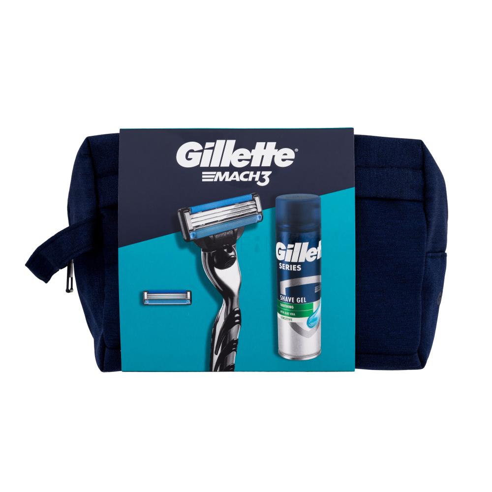 Gillette Mach3 Darilni set brivnik 1 kos + nadomestne britvice 1 kos + gel za britje Series Soothing With Aloe Vera Sensitive Shave Gel 200 ml + kozmetična torbica