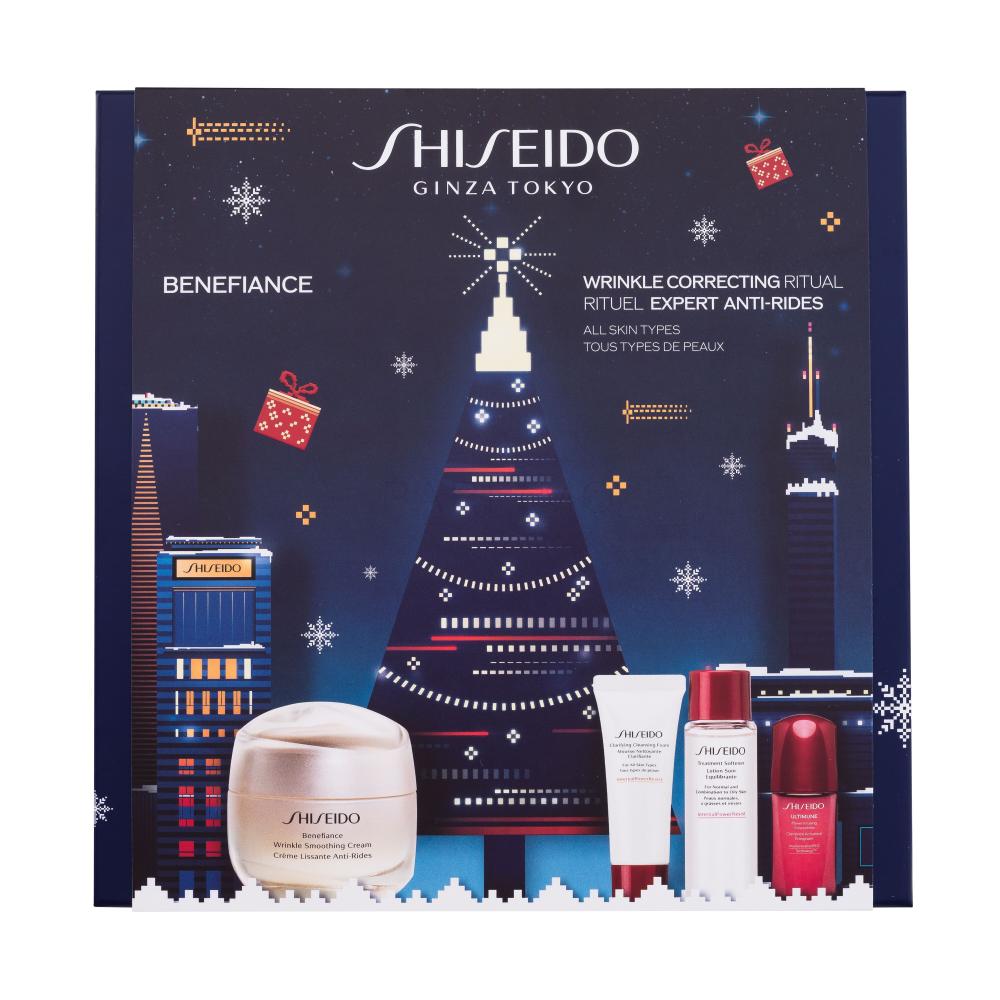 Shiseido Benefiance Wrinkle Correcting Ritual Blue Darilni set dnevna krema za obraz Benefiance Wrinkle Smoothing Cream 50 ml + čistilna pena za obraz Clarifying Cleansing Foam 15 ml + tonik za obraz Treatment Softener 30 ml + serum za obraz Ultimune Ultimune Power Infusing Concentrate 10 ml