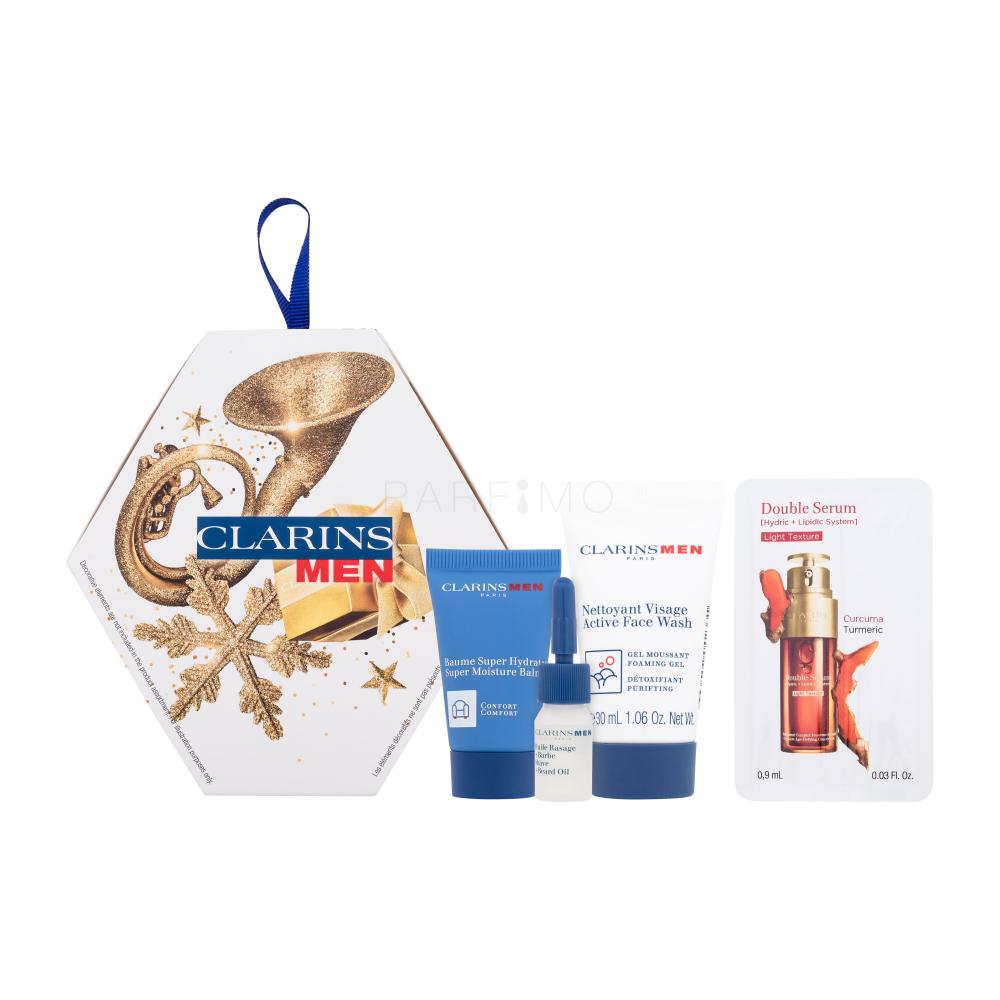 Clarins Men Essentials Darilni set čistilni gel Men Active Face Wash 30 ml + balzam za obraz Men Super Moisture Balm 12 ml + olje za britje Men Shave And Beard Oil 3 ml + serum za obraz Double Serum Light Texture 0,9 ml