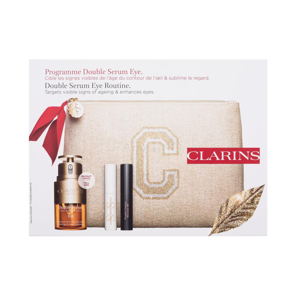 Clarins Double Serum Eye Darilni set serum za okoli oči Double Serum Eye 20 ml + negovalna maskara SOS Lashes Serum Mascara 3 ml + maskara Wonder Perfect 4D Mascara 3 ml 01 Intense Black + ekološka kozmetična torbica