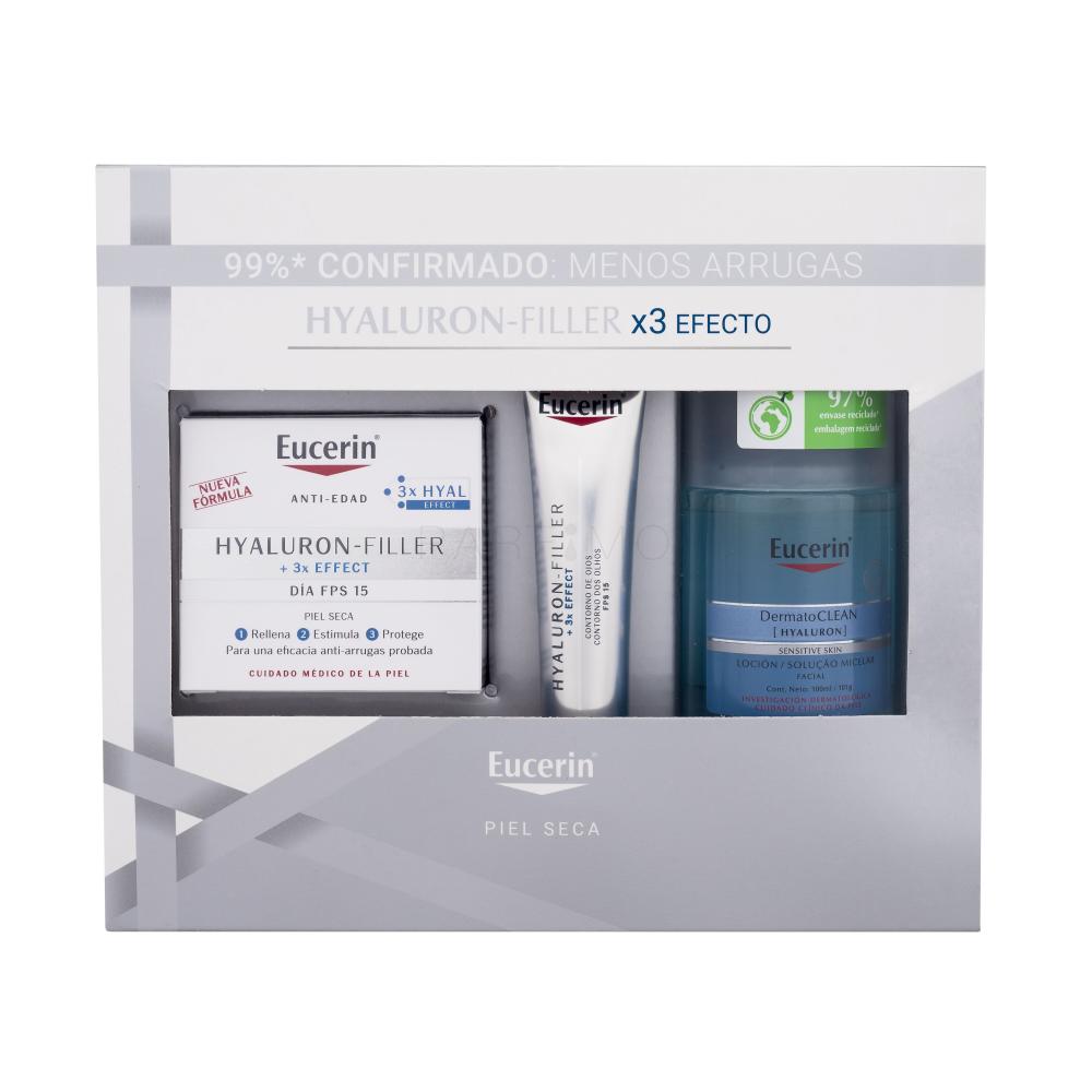 Eucerin Hyaluron-Filler + 3x Effect Darilni set dnevna krema za obraz Hyaluron-Filler 3x Effect 50 ml + micelarna vodica DermatoClean Hyaluron Micellar Water 100 ml + krema za okoli oči Hyaluron-Filler 3x Effect 15 ml