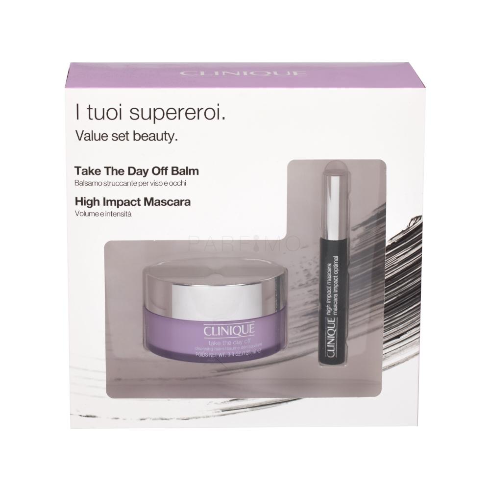Clinique Take the Day Off Cleansing Balm Darilni set balzam za odstranjevanje ličil Take the Day Off 125 ml + tekoče milo za obraz All About Clean Facial Soap Mild 30 ml + krema za obraz Moisture Surge 100H 15 ml poškodovana škatla