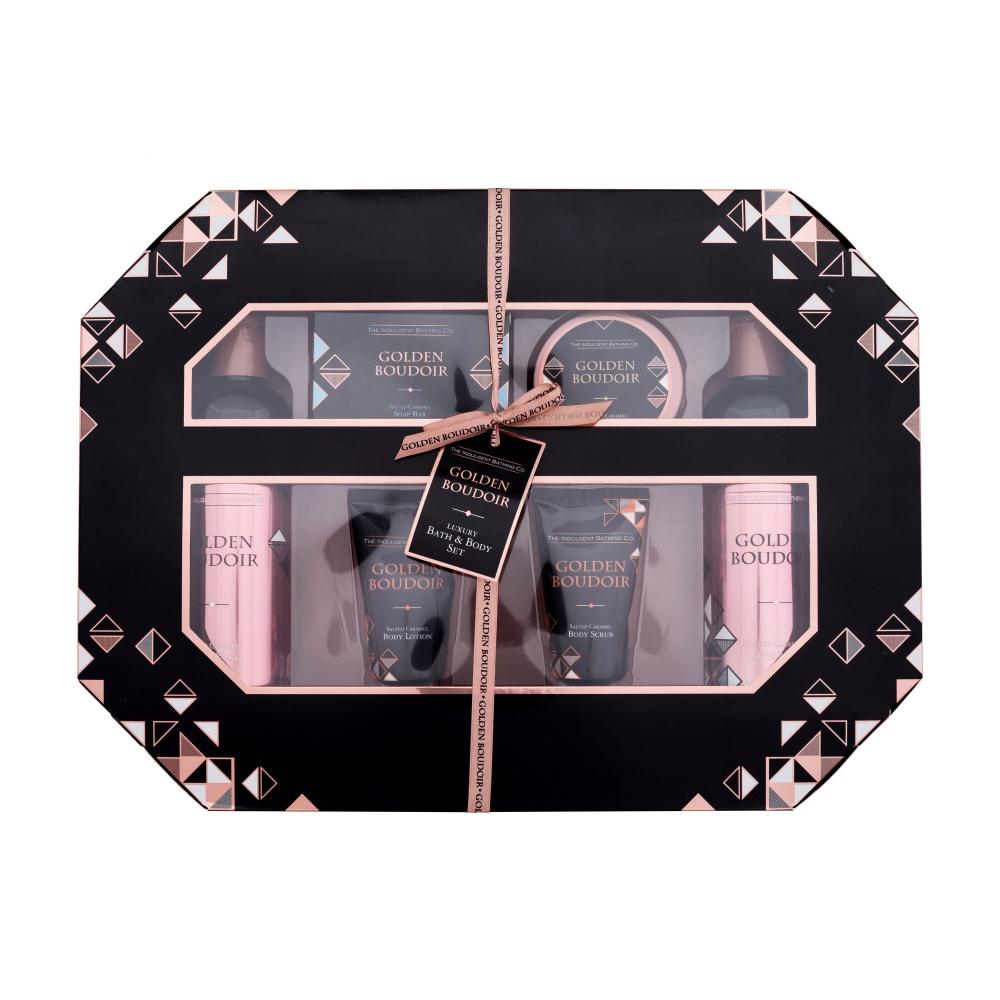 The Indulgent Bathing Co. Golden Boudoir Luxury Bath & Body Set Darilni set gel za prhanje Salted Caramel Body Wash 300 ml + trdo milo Salted Caramel Soap Bar 50 g + maslo za telo Salted Caramel Body Butter 100 ml + tělový peeling Salted Caramel Body Scrub 50 ml + losjon za telo Salted Caramel Body 