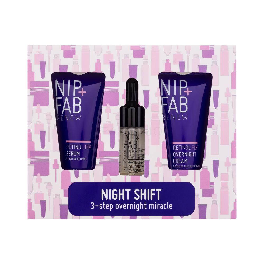 NIP+FAB Renew Night Shift Darilni set serum za obraz Retinol Fix Serum 20 ml + krema za obraz Retinol Fix Overnight Cream 20 ml + serum za obraz Retinol Fix Concentrate Extreme 10 ml