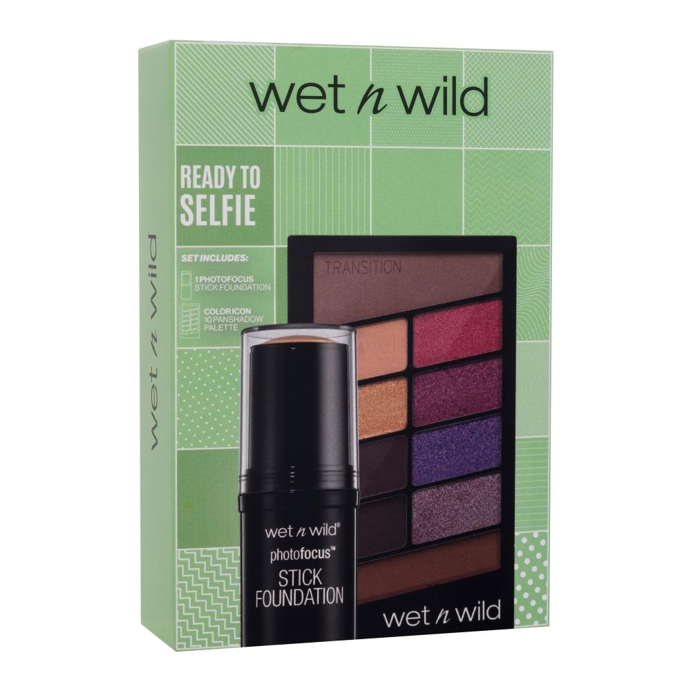 Wet n Wild Ready To Selfie Darilni set puder v stiku Photo Focus Stick Foundation 12 g Soft Beige + paletka senčil za oči Color Icon 10 Panshadow Palette 10 g V.I. Purple poškodovana škatla