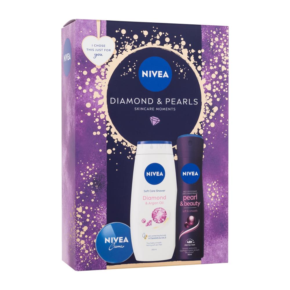 Nivea Diamond & Pearls Darilni set univerzalna krema Creme 30 ml + antiperspirant Pearl & Beauty Black 150 ml + krema za prhanje Diamond & Argan Oil 250 ml poškodovana škatla