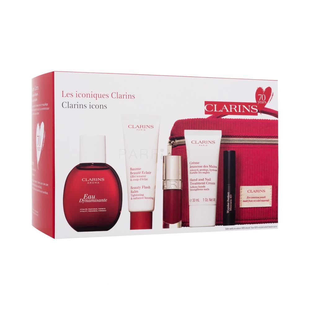 Clarins Aroma Eau Dynamisante Darilni set negovalna dišeča vodica 50 ml + krema za obraz Beauty Flash Balm 50 ml + olje za ustnice Lip Comfort Oil 7 ml 03 Cherry + krema za roke Hand And Nail Treatment Cream 30 ml + maskara Wonder Perfect Mascara 4D 3 ml 01 Perfect Black + kozmetična torbica poškodo