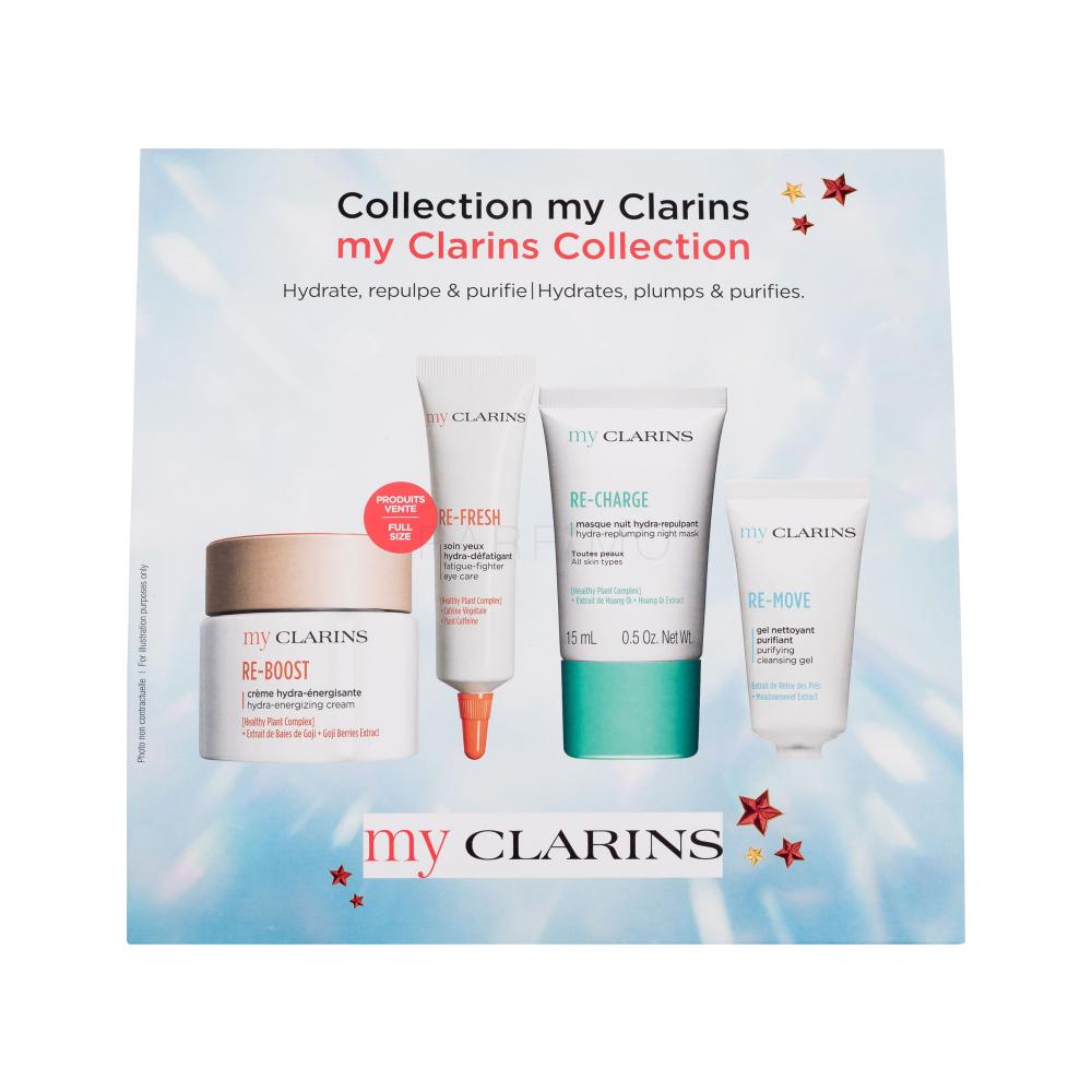 Clarins My Clarins Collection Darilni set krema za obraz Re-Boost Hydra-Energizing Cream 50 ml + krema za okoli oči Re-Fresh Fatigue-Fighter Eye Care 15 ml + nočna maska Re-Charge Hydra-Replumping Night Mask 15 ml + čistilni gel Re-Move Purifying Cleansing Gel 5 ml