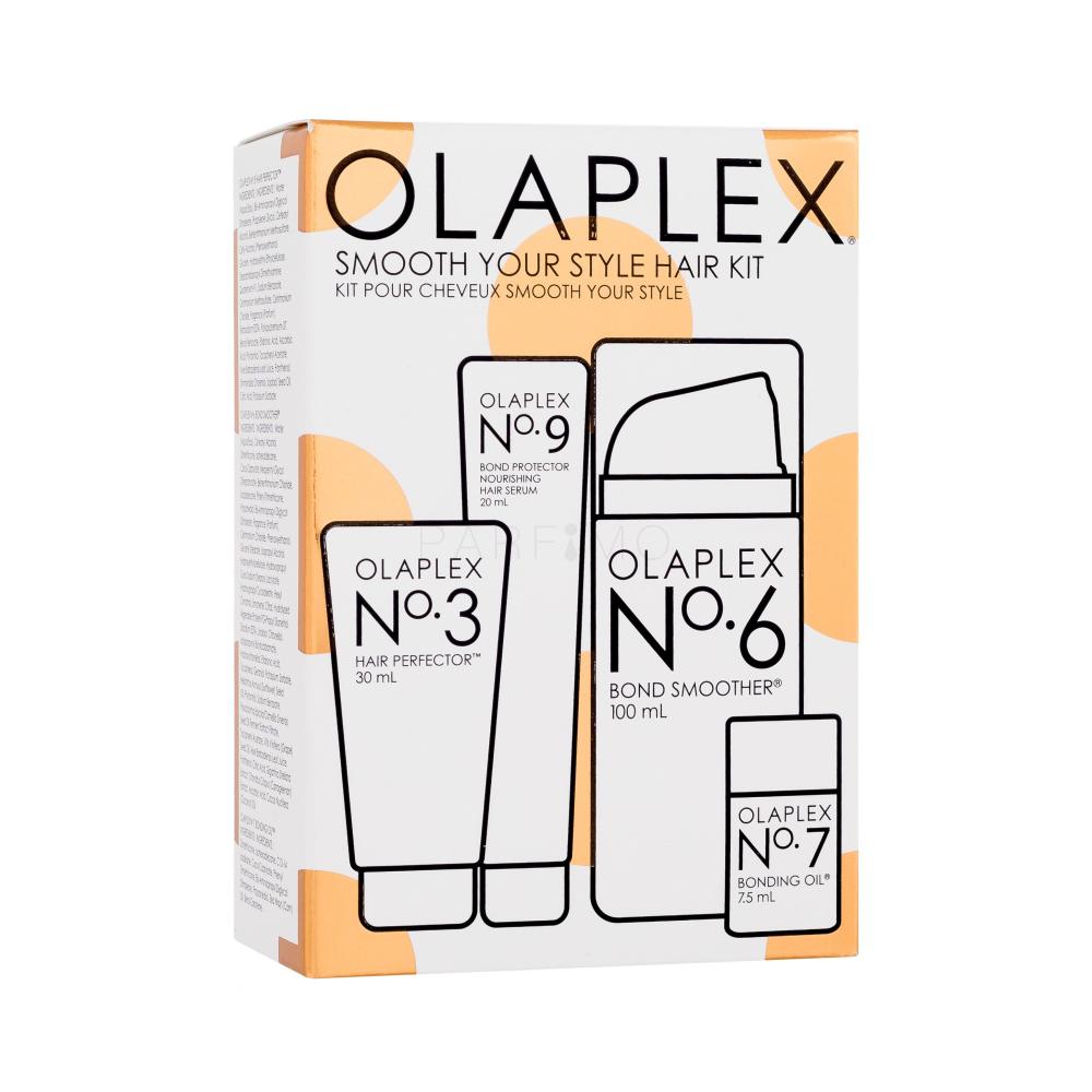 Olaplex Smooth Your Style Hair Kit Darilni set nega za lase Hair Perfector No. 3 30 ml + serum za lase No. 9 Bond Protector Nourishing Hair Serum 20 ml + krema za bolj gladke lase No. 6 Bond Smoother 100 ml + obnovitveno olje za lase No. 7 Bonding Oil 7,5 ml poškodovana škatla