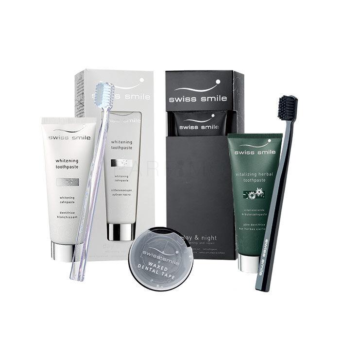 swiss smile Day & Night Whitening And Repair Darilni set belilna zobna krema 75 ml + zobna krema 75 ml + zobna ščetka 2 kos + zobna nitka