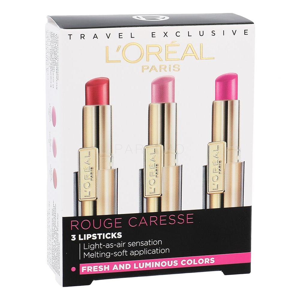 L'Oréal Paris Shine Caresse Darilni set šminka 4 g + šminka 4 g 01 Fashionista Pink + šminka 4 g 202 Impulsive Fuchsia
