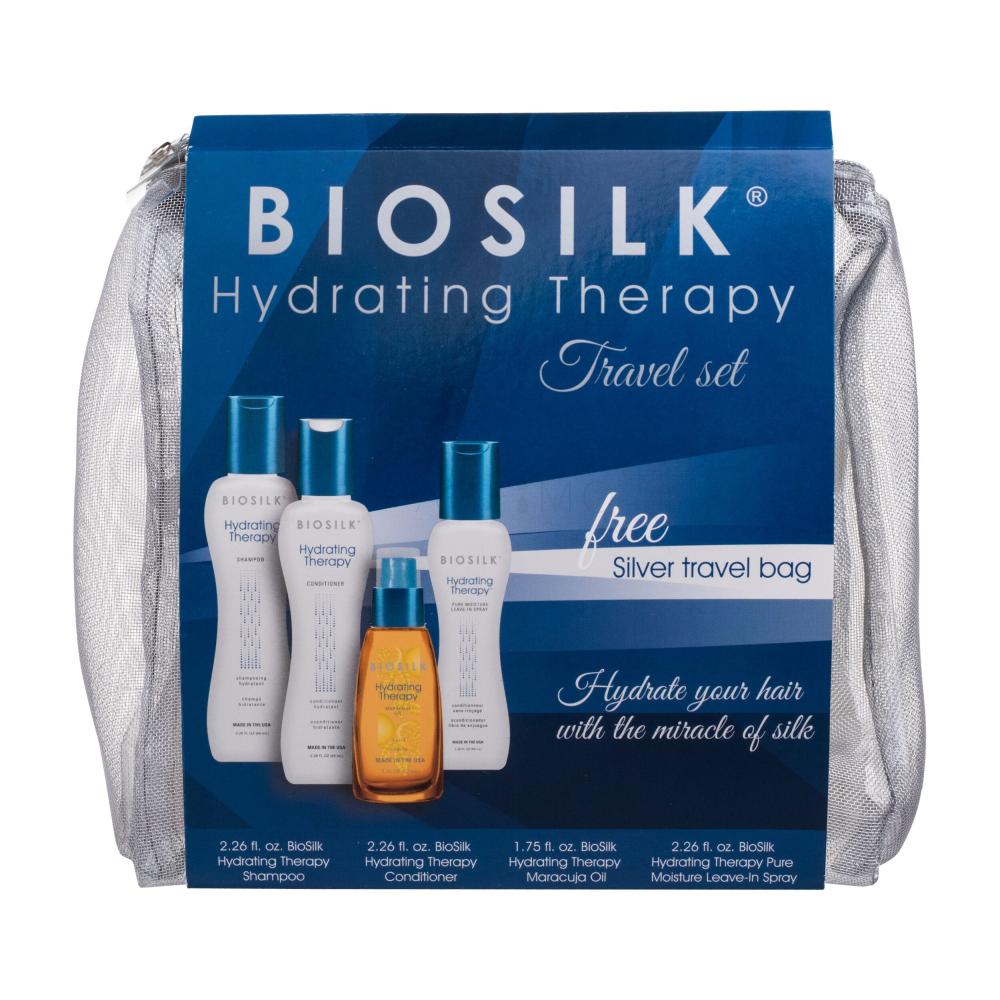 Farouk Systems Biosilk Hydrating Therapy Darilni set šampon 67 ml + balzam 67 ml + olje za lase 52 ml + balzam za lase brez izpiranja 67 ml + kozmetična torbica