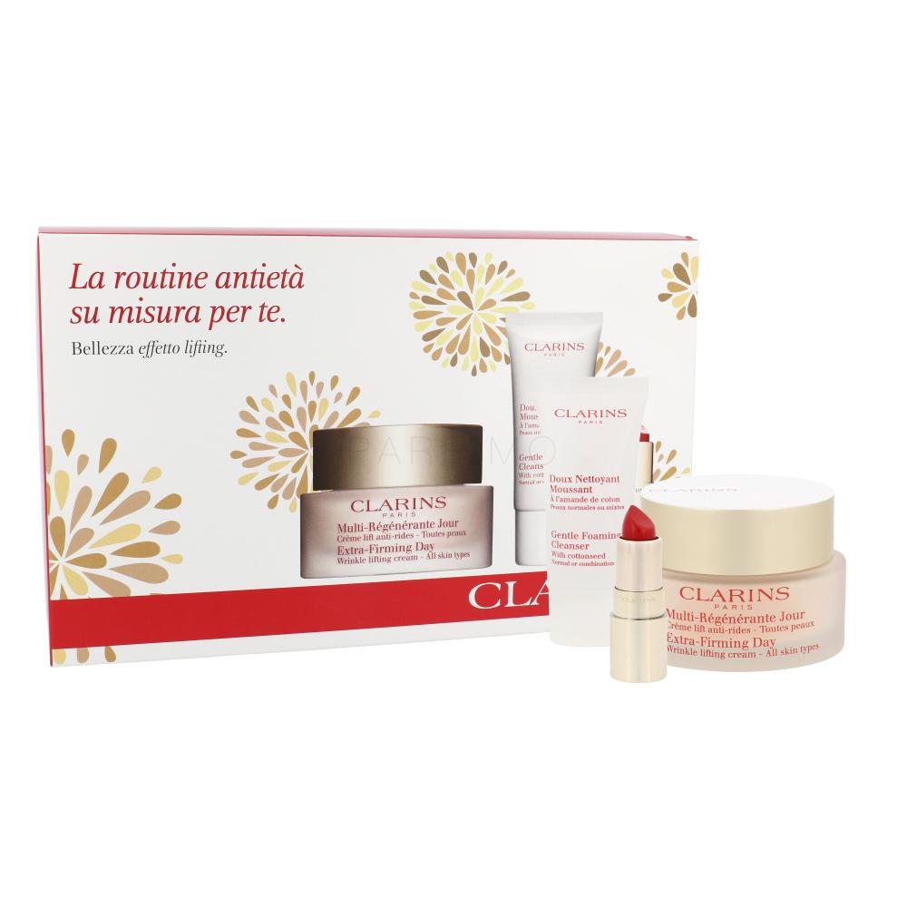 Clarins Extra-Firming Darilni set dnevna nega kože 50 ml + pena za čiščenje obraza Gentle Foaming Cleanser 30 ml + kozmetična torbica + šminka Moisturizing Long-Wearing Lipstick 1,5 g 742